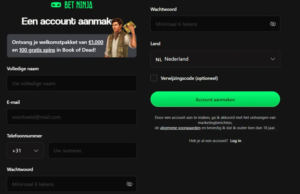 Het registratieformulier van Betninja met persoonlijke gegevens, wachtwoord en het welkomstpakket van €1.000 en 100 gratis spins